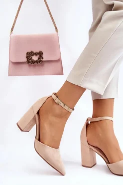 Damskie Boto Zamszowe Czółenka Na Słupku Beżowe Lexie