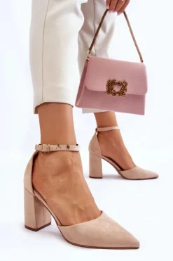 Damskie Boto Zamszowe Czółenka Na Słupku Beżowe Lexie