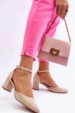 Damskie Boto Zamszowe Czółenka Na Słupku Beżowe Promise