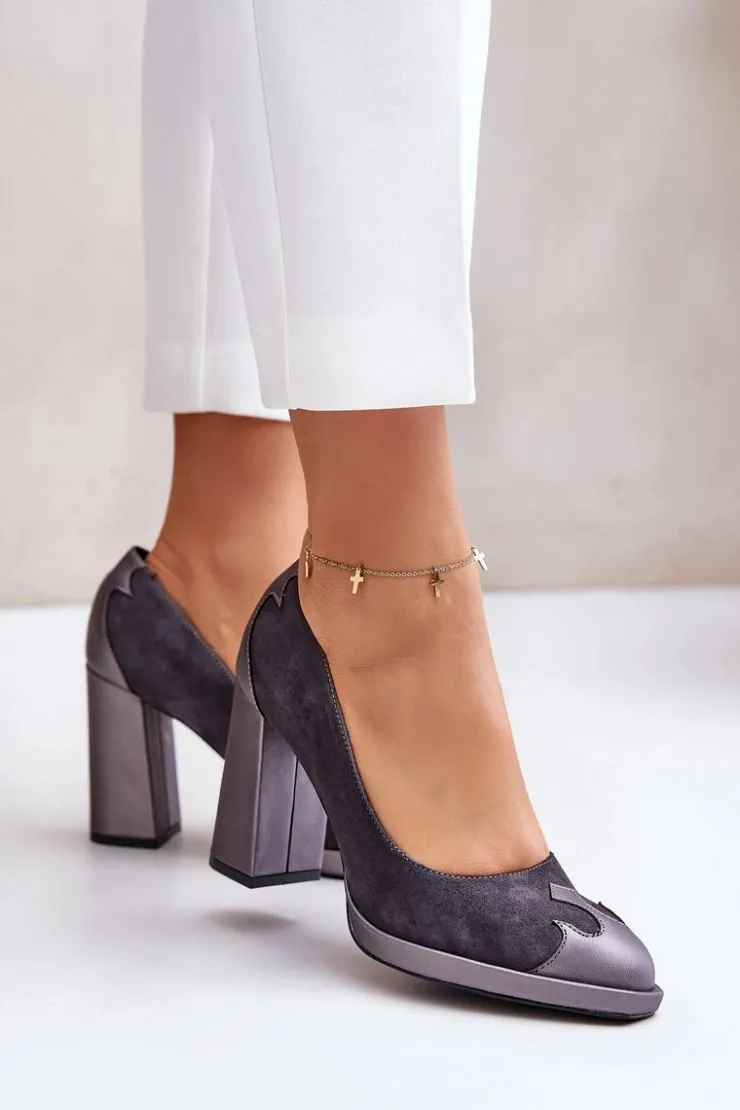 Damskie Laura Messi Zamszowe Czółenka Na Słupku 2702 Szare