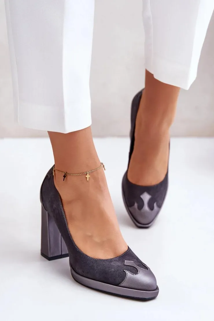 Damskie Laura Messi Zamszowe Czółenka Na Słupku 2702 Szare