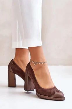 Damskie Laura Messi Zamszowe Czółenka Na Słupku 2702 Brązowe