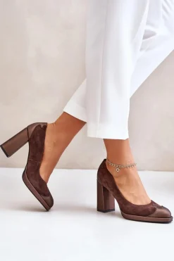 Damskie Laura Messi Zamszowe Czółenka Na Słupku 2702 Brązowe