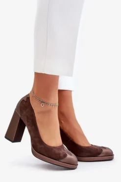 Damskie Laura Messi Zamszowe Czółenka Na Słupku 2702 Brązowe