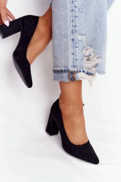 Damskie Buty Sergio Leone Zamszowe Czółenka Na Słupku Sergio Leone PB216 Czarne