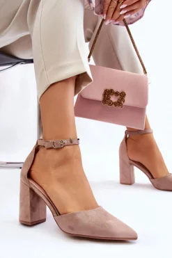 New Boto Zamszowe Czółenka Na Słupku Ciemnobeżowe Lexie