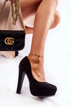 Damskie Boto Zamszowe Czółenka Na Wysokim Obcasie Czarne Santene