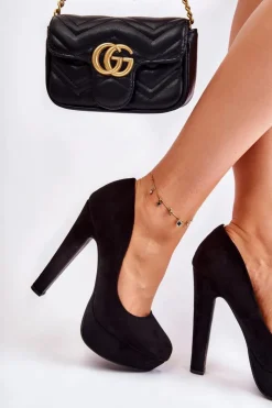 Damskie Boto Zamszowe Czółenka Na Wysokim Obcasie Czarne Santene