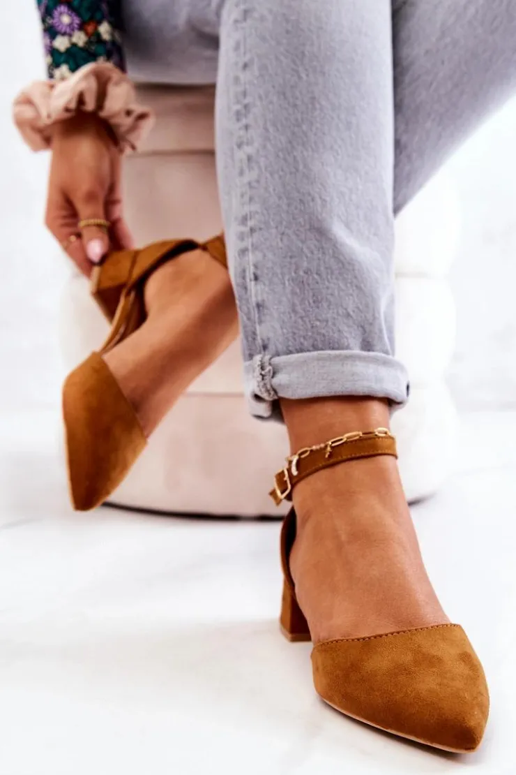 Boto Czółenka Zamszowe|Czółenka Na Słupku*Zamszowe Czółenka W Szpic Camel Calliope