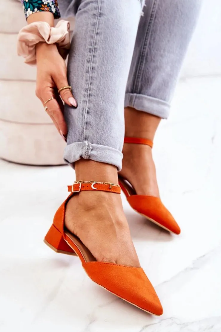 Boto Czółenka Zamszowe|Czółenka Na Słupku*Zamszowe Czółenka W Szpic Pomarańczowe Calliope