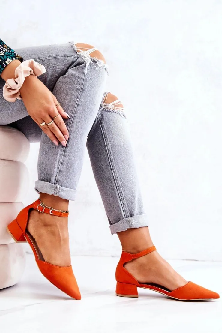 Boto Czółenka Zamszowe|Czółenka Na Słupku*Zamszowe Czółenka W Szpic Pomarańczowe Calliope