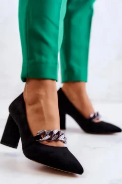 Damskie buty S.Barski Czółenka Zamszowe|Czółenka Na Słupku*Zamszowe Czółenka Z Łańcuchem Czarne Alamoss