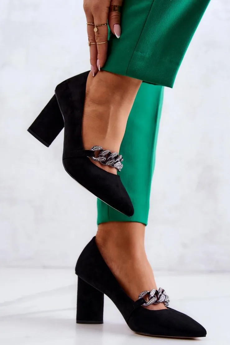 Damskie buty S.Barski Czółenka Zamszowe|Czółenka Na Słupku*Zamszowe Czółenka Z Łańcuchem Czarne Alamoss