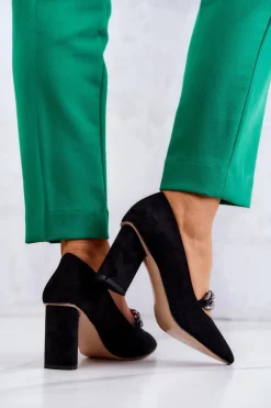 Damskie buty S.Barski Czółenka Zamszowe|Czółenka Na Słupku*Zamszowe Czółenka Z Łańcuchem Czarne Alamoss