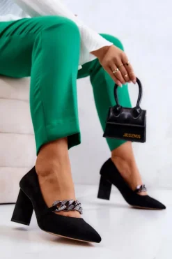 Damskie buty S.Barski Czółenka Zamszowe|Czółenka Na Słupku*Zamszowe Czółenka Z Łańcuchem Czarne Alamoss