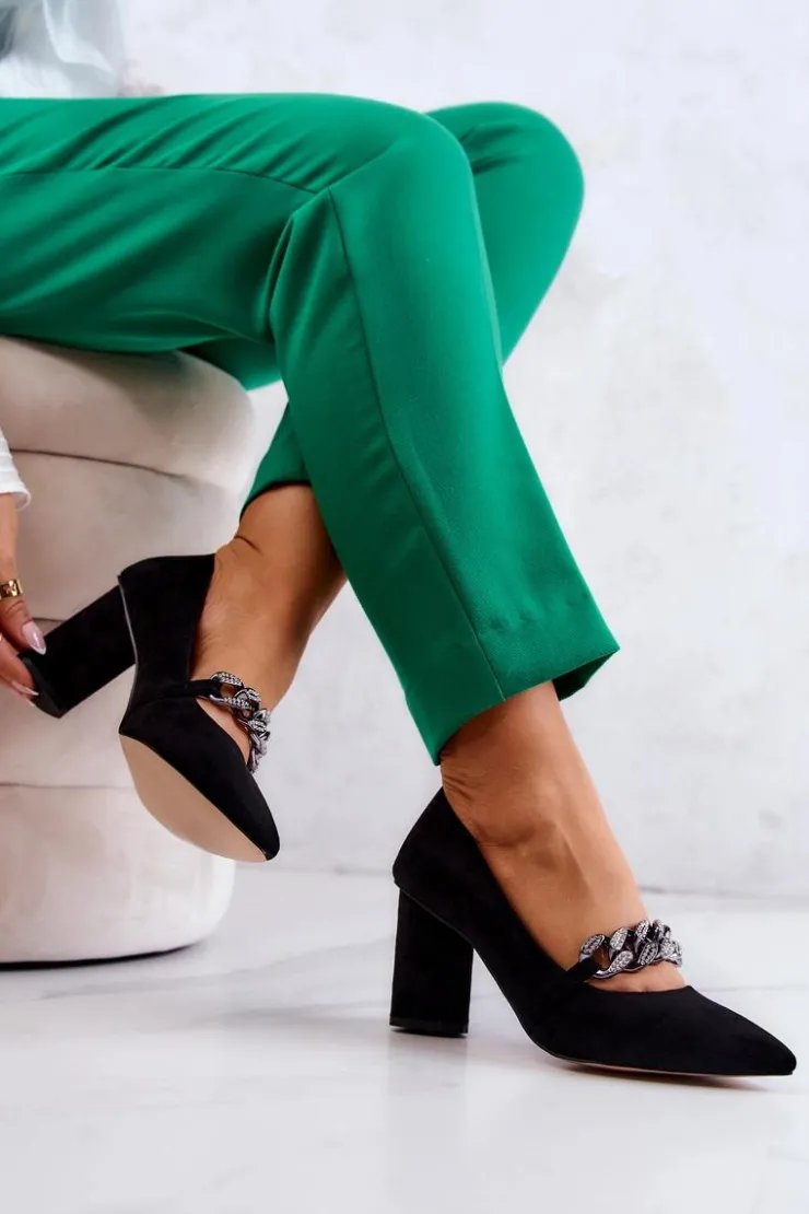 Damskie buty S.Barski Czółenka Zamszowe|Czółenka Na Słupku*Zamszowe Czółenka Z Łańcuchem Czarne Alamoss