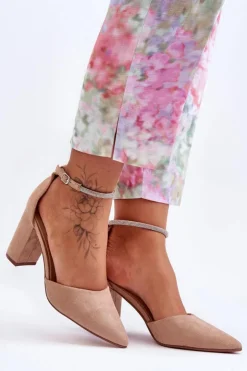 Damskie Boto Zamszowe Czółenka Z Cyrkoniami Ciemnobeżowe Diamond