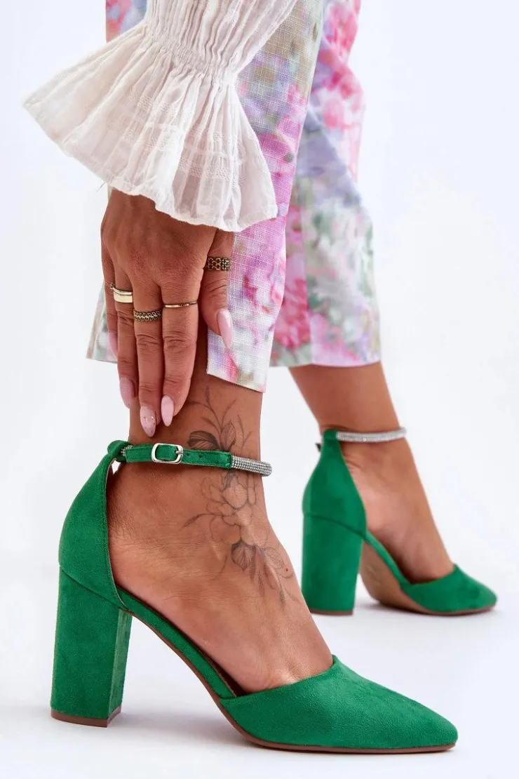 Boto Czółenka Zamszowe|Czółenka Na Słupku*Zamszowe Czółenka Z Cyrkoniami Zielone Diamond