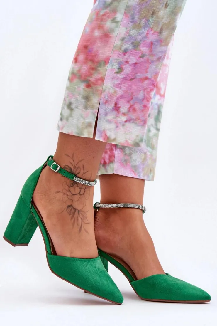 Boto Czółenka Zamszowe|Czółenka Na Słupku*Zamszowe Czółenka Z Cyrkoniami Zielone Diamond