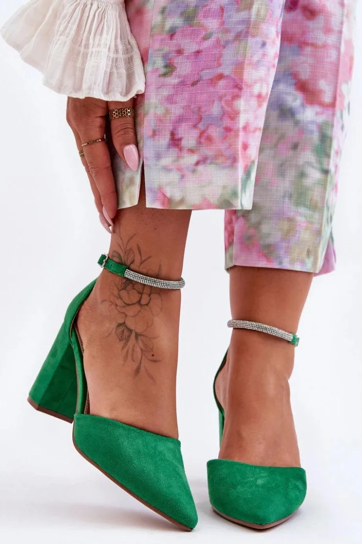 Boto Czółenka Zamszowe|Czółenka Na Słupku*Zamszowe Czółenka Z Cyrkoniami Zielone Diamond