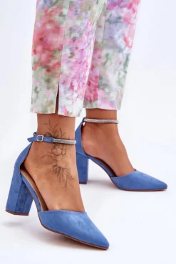 Boto Czółenka Zamszowe|Czółenka Na Słupku*Zamszowe Czółenka Z Cyrkoniami Niebieskie Diamond