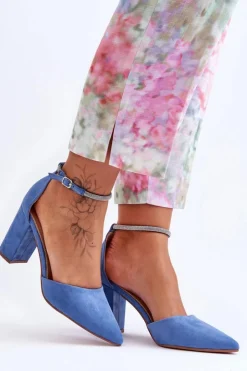 Boto Czółenka Zamszowe|Czółenka Na Słupku*Zamszowe Czółenka Z Cyrkoniami Niebieskie Diamond