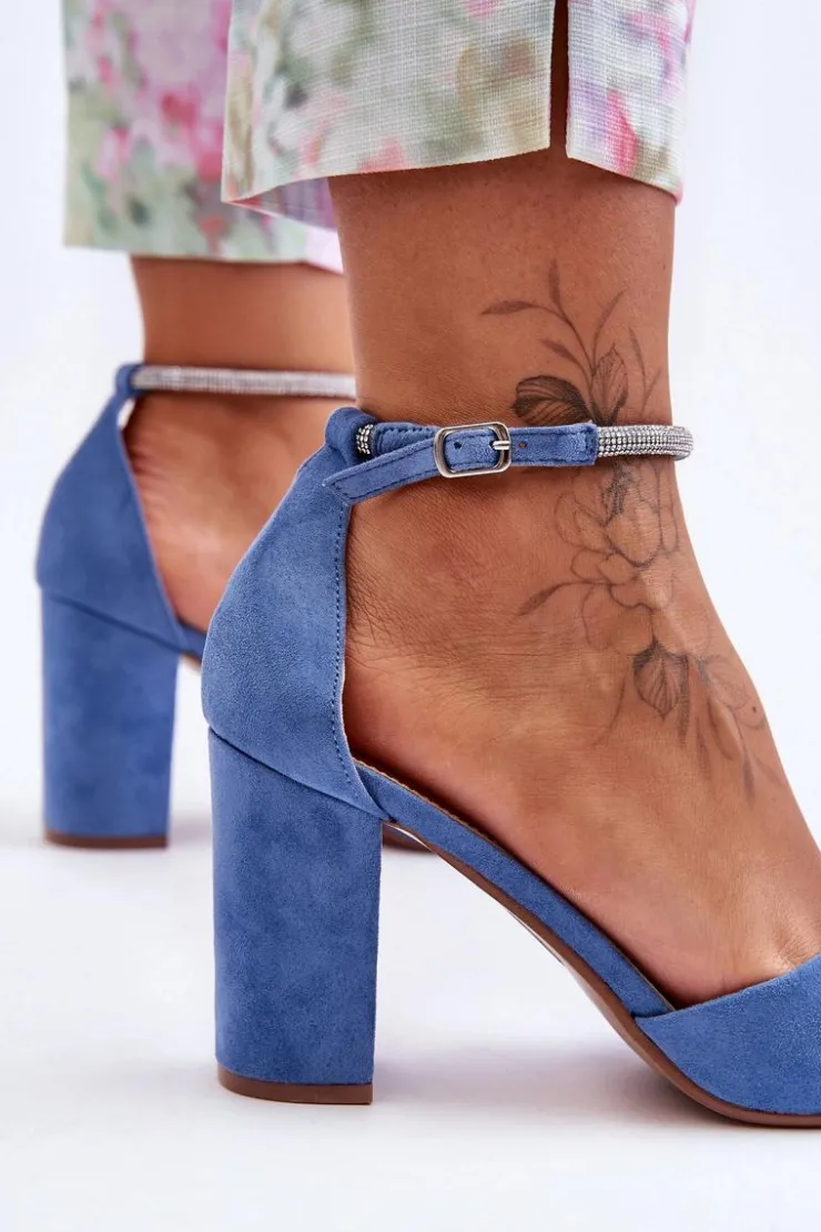 Boto Czółenka Zamszowe|Czółenka Na Słupku*Zamszowe Czółenka Z Cyrkoniami Niebieskie Diamond