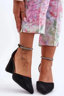 Damskie Boto Zamszowe Czółenka Z Cyrkoniami Czarne Diamond