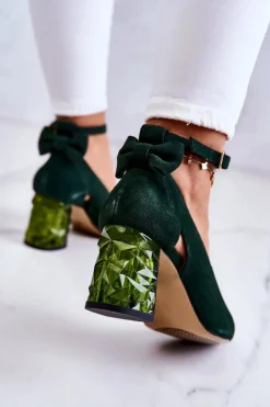 Damskie Maciejka Zamszowe Czółenka Z Kokardką 05059-09 Ciemnozielone