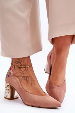 Maciejka Czółenka Na Słupku|Czółenka Klasyczne*Zamszowe Czółenka Z Ozdobnym Obcasem 05042-15 Różowe