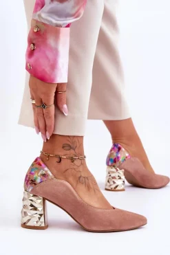 Maciejka Czółenka Na Słupku|Czółenka Klasyczne*Zamszowe Czółenka Z Ozdobnym Obcasem 05042-15 Różowe