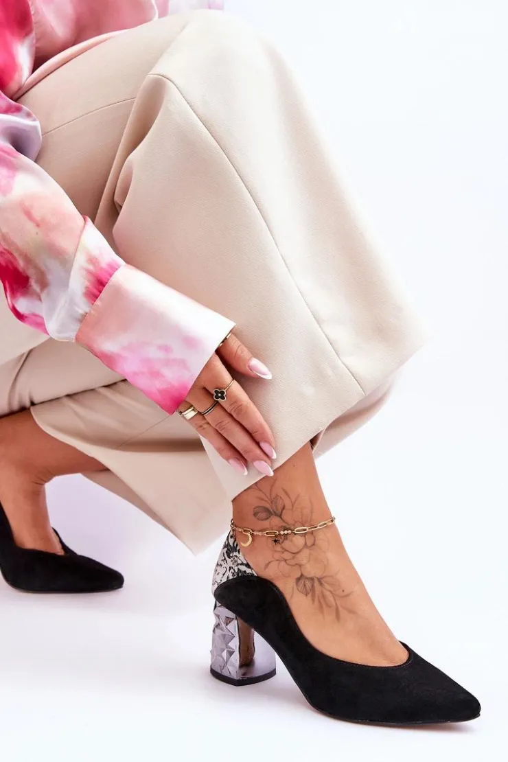 Damskie Maciejka Zamszowe Czółenka Z Ozdobnym Obcasem 05042-43 Czarne