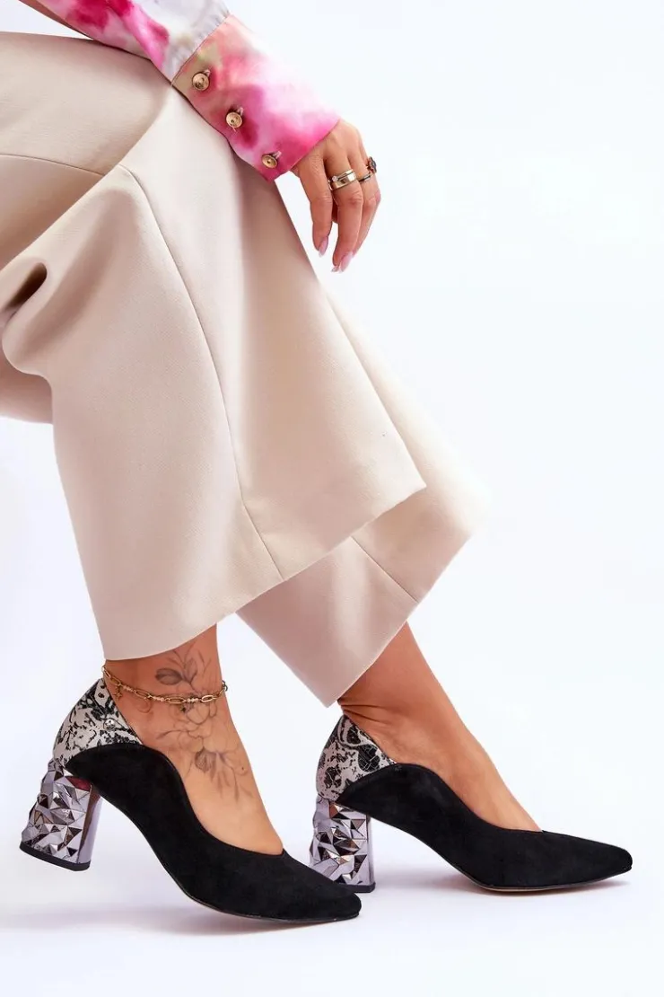 Damskie Maciejka Zamszowe Czółenka Z Ozdobnym Obcasem 05042-43 Czarne