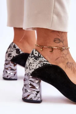 Damskie Maciejka Zamszowe Czółenka Z Ozdobnym Obcasem 05042-43 Czarne