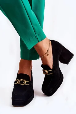 New Laura Messi Zamszowe Czółenka Z Ozdobnym Łańcuchem 2444 Czarne Czarny