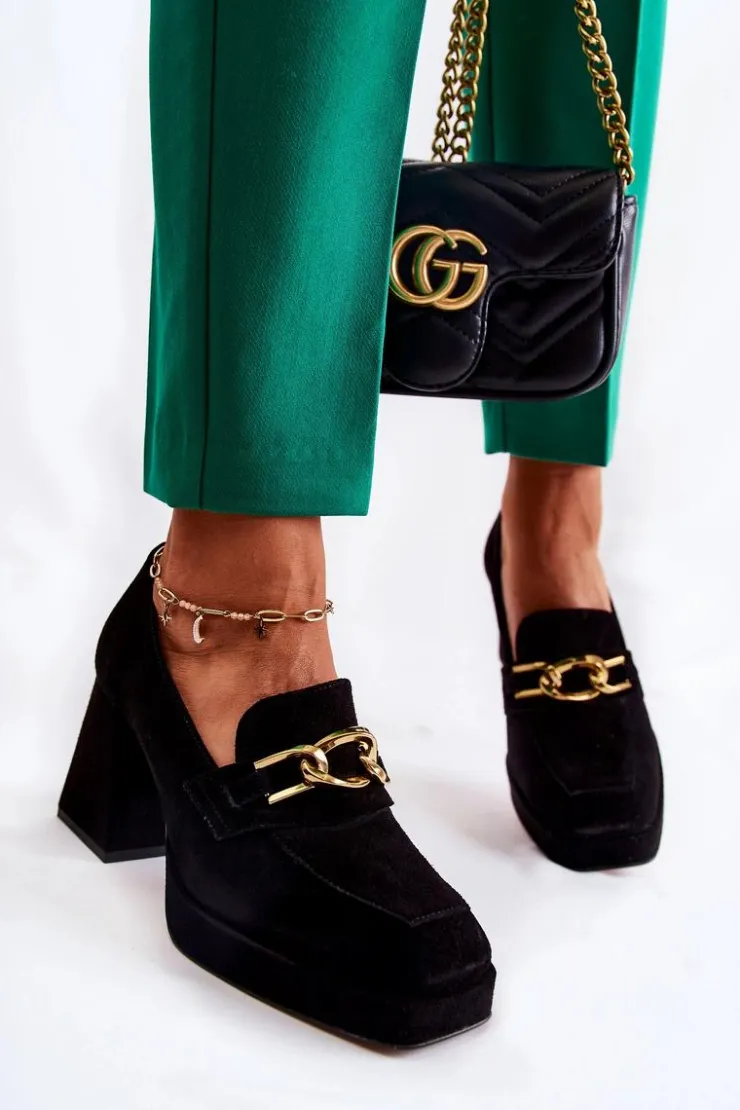 New Laura Messi Zamszowe Czółenka Z Ozdobnym Łańcuchem 2444 Czarne Czarny