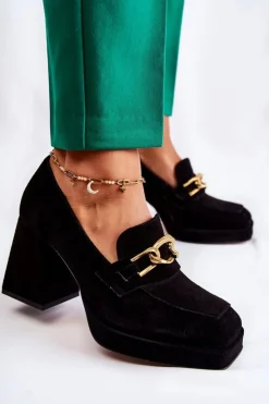 New Laura Messi Zamszowe Czółenka Z Ozdobnym Łańcuchem 2444 Czarne Czarny