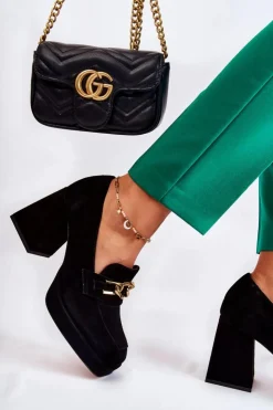 New Laura Messi Zamszowe Czółenka Z Ozdobnym Łańcuchem 2444 Czarne Czarny