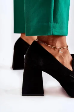 New Laura Messi Zamszowe Czółenka Z Ozdobnym Łańcuchem 2444 Czarne Czarny