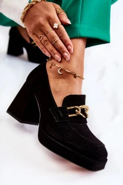 New Laura Messi Zamszowe Czółenka Z Ozdobnym Łańcuchem 2444 Czarne Czarny