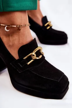 New Laura Messi Zamszowe Czółenka Z Ozdobnym Łańcuchem 2444 Czarne Czarny