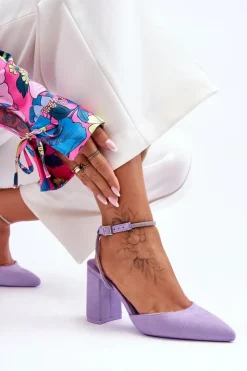 Boto Czółenka Zamszowe|Czółenka Na Słupku*Zamszowe Czółenka Z Ozdobnym Paseczkiem Fioletowe Lirosa