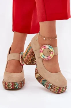 Maciejka Czółenka Na Platformie|Czółenka Zamszowe*Zamszowe Czółenka Z Plecionką Na Słupku I Platformie 06839-04 Beżowe