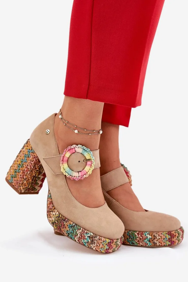 Maciejka Czółenka Na Platformie|Czółenka Zamszowe*Zamszowe Czółenka Z Plecionką Na Słupku I Platformie 06839-04 Beżowe