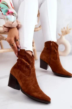 Damskie buty S.Barski Botki Wiosenne|Botki Na Słupku*Zamszowe Damskie Botki Kowbojki Camel Devon