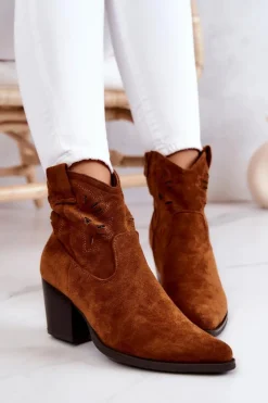 Damskie buty S.Barski Botki Wiosenne|Botki Na Słupku*Zamszowe Damskie Botki Kowbojki Camel Devon