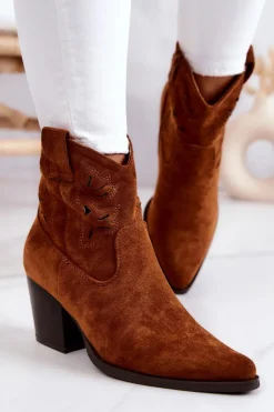 Damskie buty S.Barski Botki Wiosenne|Botki Na Słupku*Zamszowe Damskie Botki Kowbojki Camel Devon