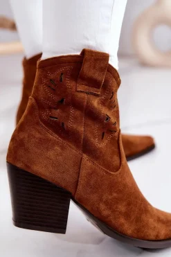 Damskie buty S.Barski Botki Wiosenne|Botki Na Słupku*Zamszowe Damskie Botki Kowbojki Camel Devon