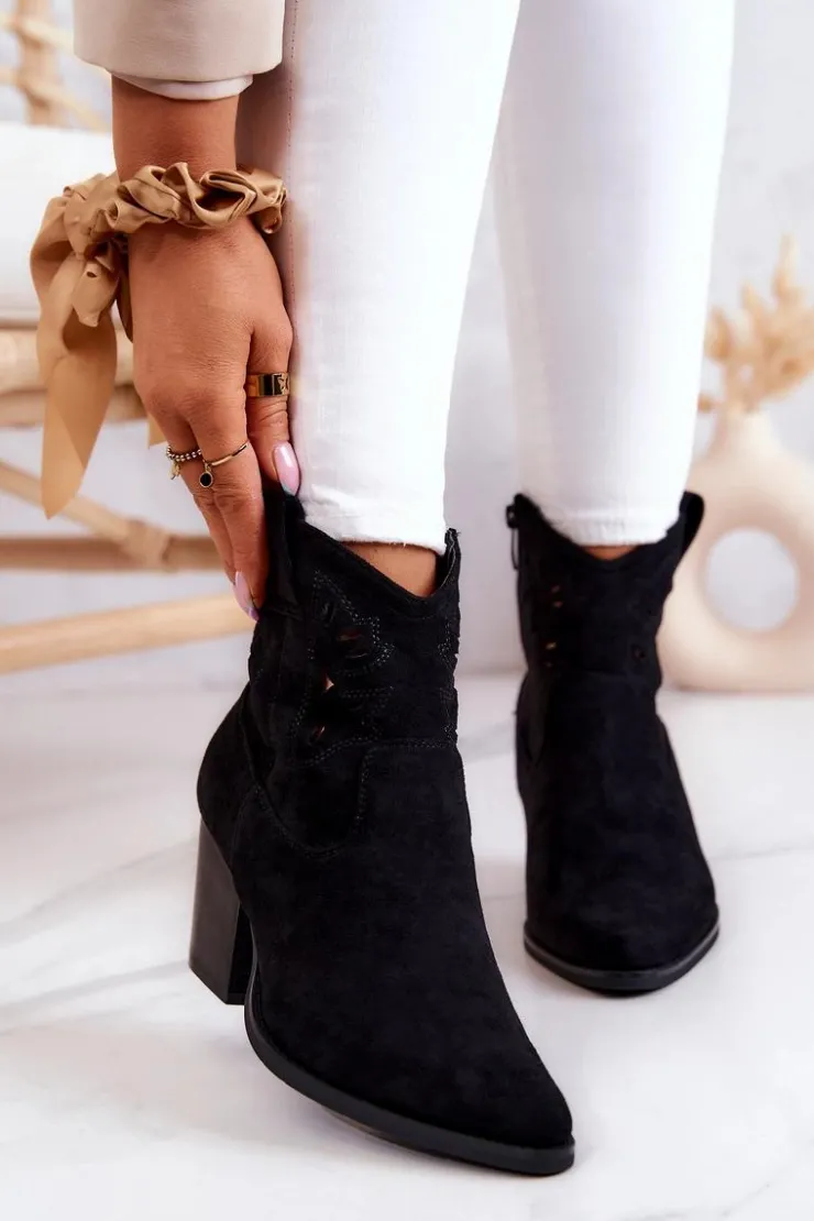 Outlet Damskie buty S.Barski Zamszowe Damskie Botki Kowbojki Czarne Devon