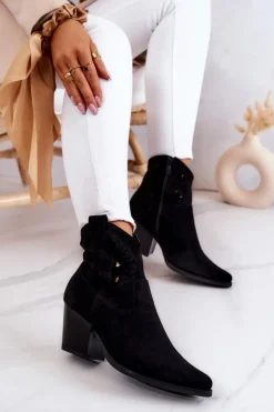 Outlet Damskie buty S.Barski Zamszowe Damskie Botki Kowbojki Czarne Devon